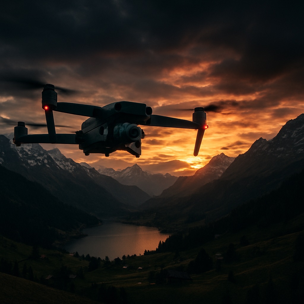 Drone professionnel survolant un paysage alpin suisse