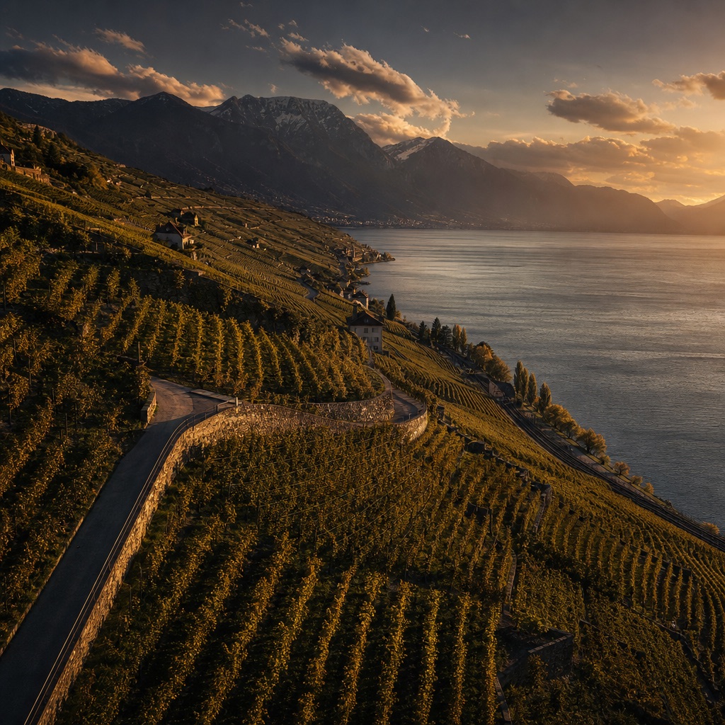Vue aérienne des vignes en terrasses de Lavaux