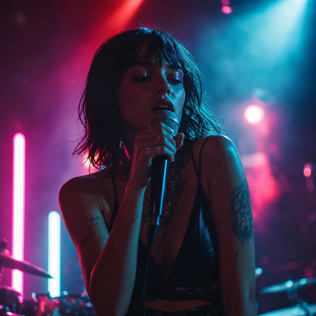 Scène de clip vidéo avec lumières néon colorées