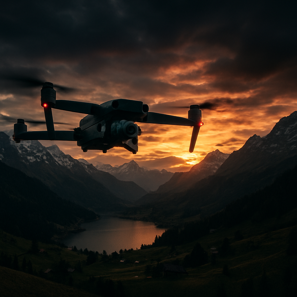 Drone professionnel survolant un paysage alpin suisse