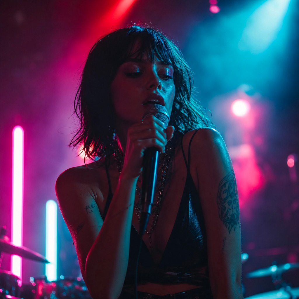 Scène de clip vidéo avec lumières néon colorées